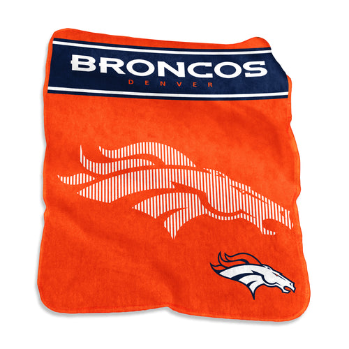 Denver Broncos raschel throw blanket by Logo Brands, 60x80 inches, featuring team logo and vibrant orange and navy colors.