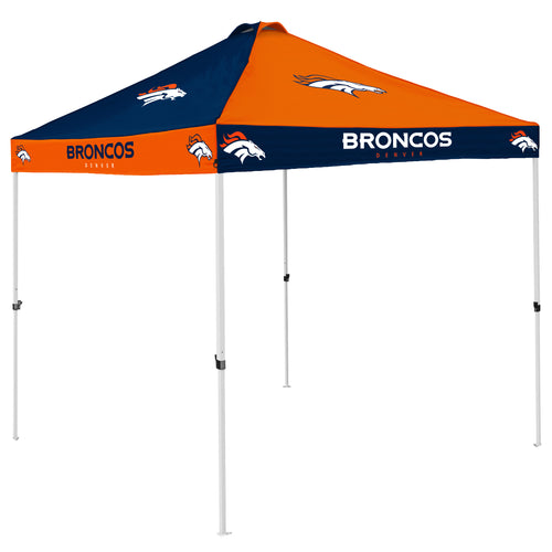 Denver Broncos checkerboard canopy shelter with team logo design, providing shade and protection for outdoor events.