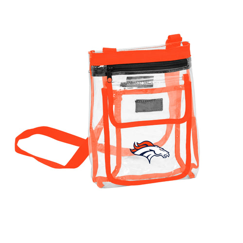 Clear crossbody bag featuring Denver Broncos logo and team colors, designed by Logo Brands for sports fans.