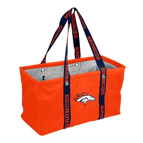 Denver Broncos picnic caddy with carrying strap, logo-branded bag for outdoor gatherings and tailgate parties.