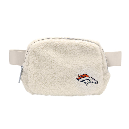Denver Broncos sherpa belt bag by Logo Brands, featuring team logo and cozy sherpa material, perfect for carrying essentials.