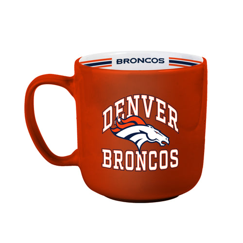 Denver Broncos 15oz striped mug with team logo, durable ceramic drinkware for fans, featuring bold orange, navy, and white stripes.