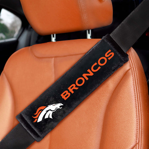 Pair of NFL Denver Broncos embroidered auto seat belt pads by Logo Brands, featuring team logo and colorful design for comfort.
