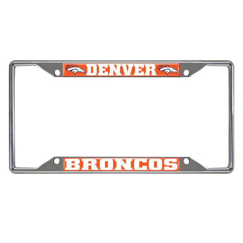 Chrome NFL Denver Broncos license plate frame with team logo and branding, designed for vehicle license plates.