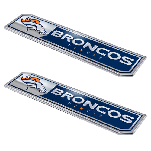 Denver Broncos embossed truck emblems, Logo Brands 2-pack, featuring team logo and design for vehicle decoration or fan display.