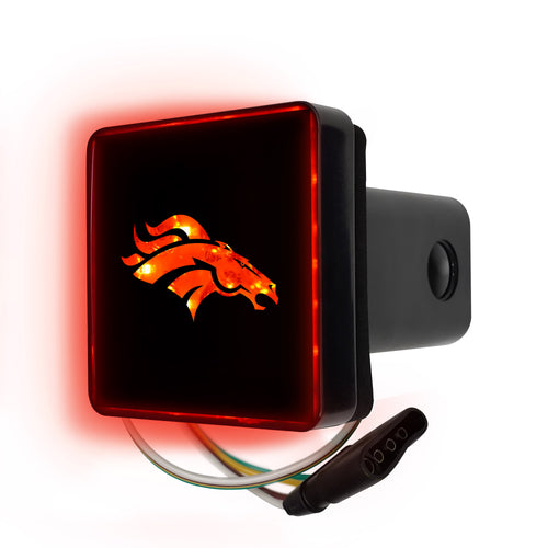 NFL Denver Broncos lighted hitch cover by Logo Brands, featuring team logo and illumination for vehicle trailer hitch.