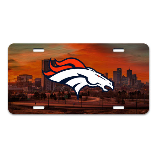 Metal Denver Broncos license plate with team logo, featuring flat design and bold team colors, ideal for vehicle or decor use.