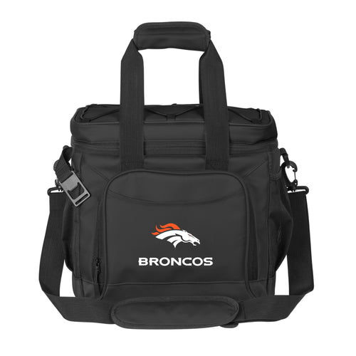 Denver Broncos 24-can flex cooler by Logo Brands, black soft-sided cooler with team logo and adjustable shoulder strap.