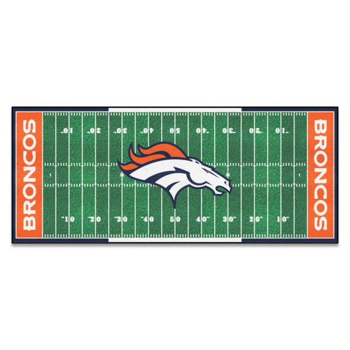 NFL Denver Broncos football field runner mat by Logo Brands, featuring team colors and field design for sports-themed decor.