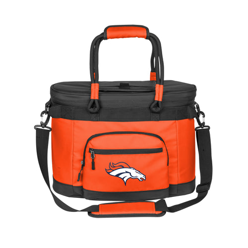 Denver Broncos 35 Can Flex Cooler by Logo Brands showing its black exterior and adjustable shoulder strap.