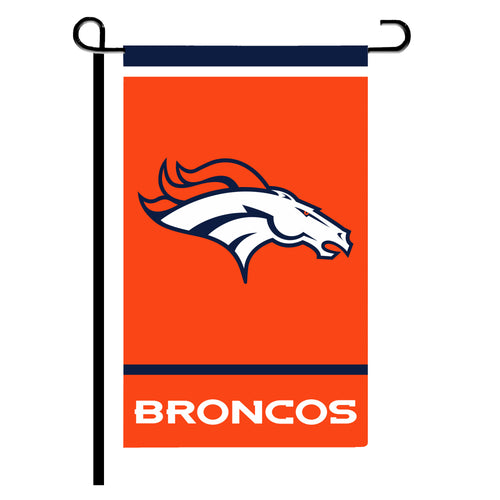 Denver Broncos garden flag with team logo, 12x18 inches, featuring vibrant colors and detailed sports team design.