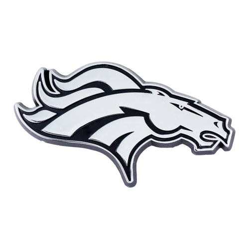 NFL Denver Broncos chrome emblem with team logo and shiny finish, perfect for vehicle or fan display.