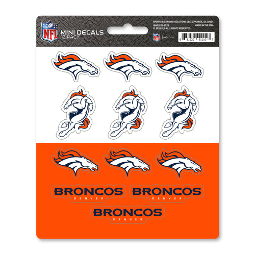 Set of 12 Denver Broncos mini decals featuring team logo designs, perfect for fans and decorating personal items.