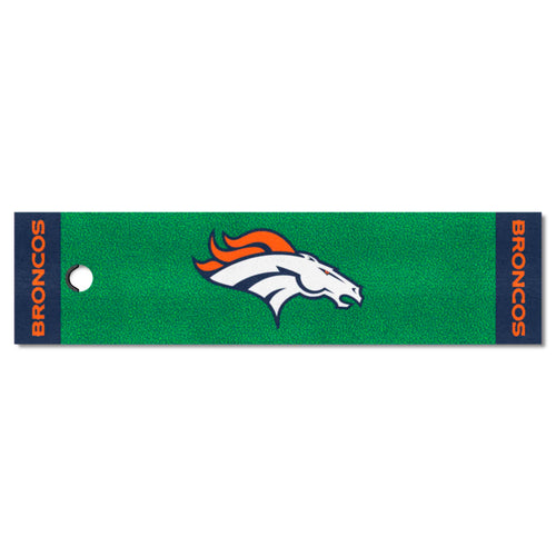NFL Denver Broncos putting green mat by Logo Brands, featuring team logo and realistic putting surface for golf practice.