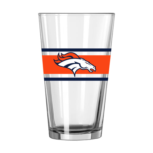 Denver Broncos 16oz stripe pint glass featuring team logo, perfect for NFL fans and collectible drinkware.