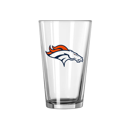 Denver Broncos 16oz Logo Pint Glass with team logo and clear glass design, perfect for sports fans and beer enthusiasts.