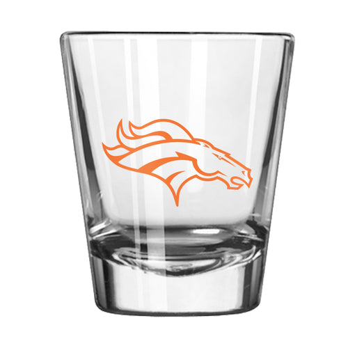 Denver Broncos 2oz Gameday shot glass with team logo and orange and navy design, perfect for football fans.