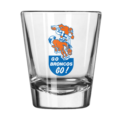 Denver Broncos 2oz retro shot glass featuring team logo, made by Logo Brands, for sports fans and collectible drinkware.