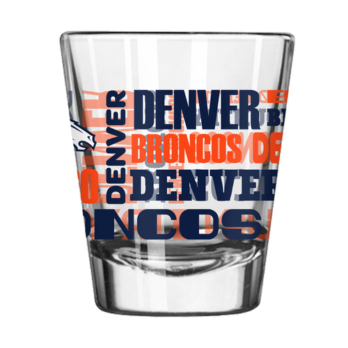 Denver Broncos 2oz spirit shot glass featuring team logo, made of clear glass for sports fans and collectors.