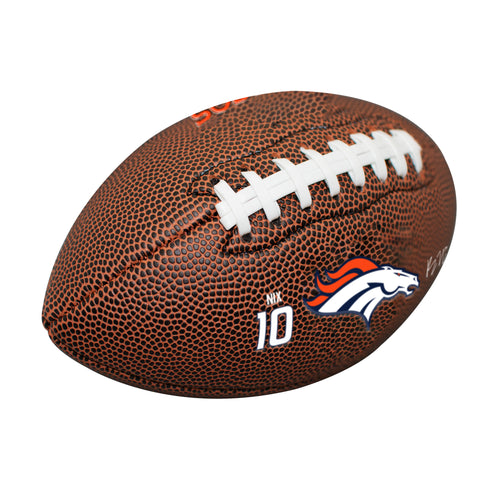 Denver Broncos mini Bo Nix composite football for recreation by Logo Brands, featuring team logo and vibrant graphics.