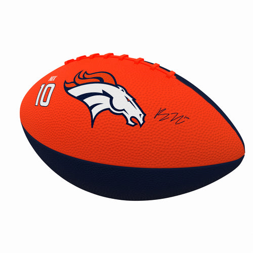 Mini rubber football featuring Denver Broncos Bo Nix, ideal for recreation and sports, branded by Logo Brands.