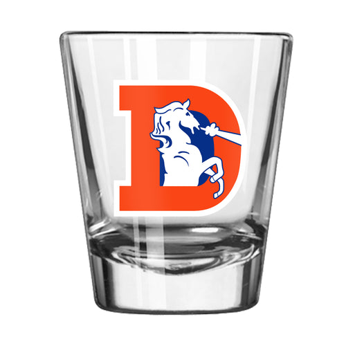 Denver Broncos retro 2oz Gameday shot glass, Logo Brands drinkware with team logo and vintage design.
