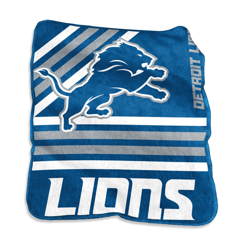 Detroit Lions Raschel throw blanket by Logo Brands featuring team logo and Lions-themed design, soft and cozy for fans.