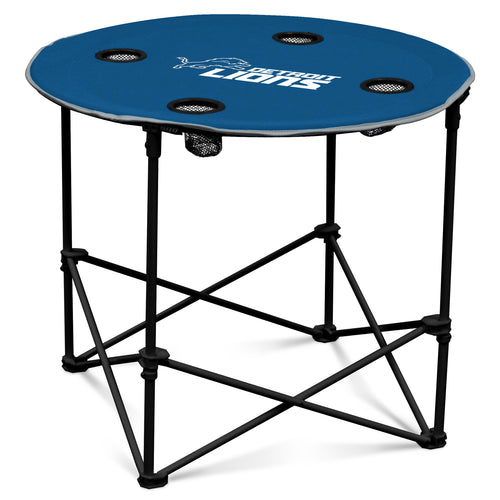 Detroit Lions 2017 logo round table by Logo Brands, featuring team colors and Lions emblem on a wooden surface.