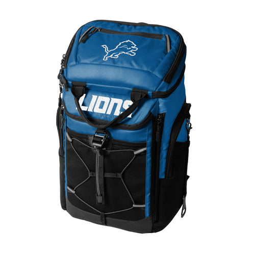 Detroit Lions 26-can backpack cooler by Logo Brands, featuring team logo, adjustable straps, and insulated interior for beverages.