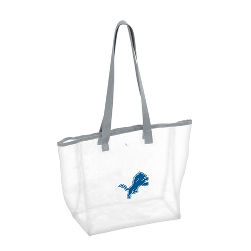 Gray Detroit Lions clear tote bag by Logo Brands, showing transparent design and gray handles for fans and events.