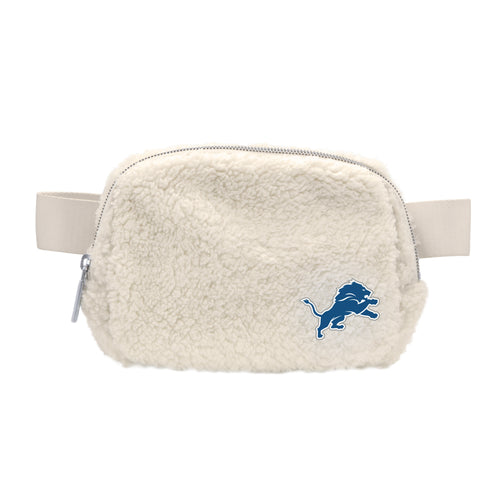 Detroit Lions Sherpa belt bag by Logo Brands featuring team logo and cozy sherpa material, designed for carrying essentials.