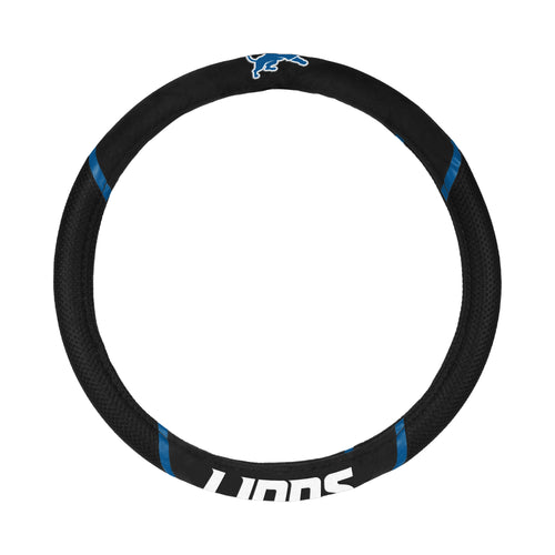 Detroit Lions steering wheel cover by Logo Brands, NFL auto cover featuring team logo and durable fabric for vehicle protection.