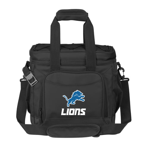 Black Detroit Lions 24-can flex cooler by Logo Brands, featuring team logo and insulated design for outdoor use.
