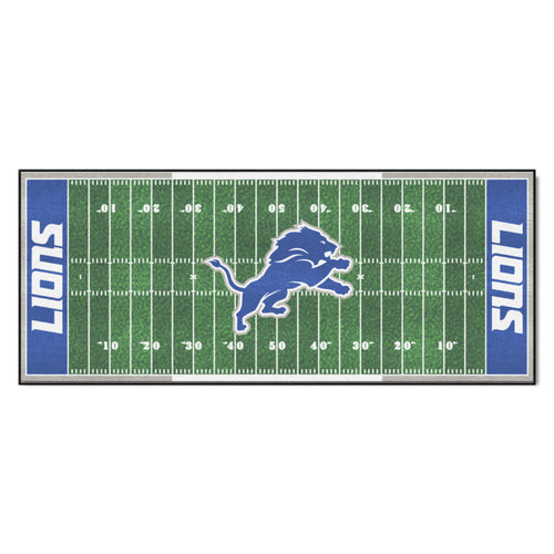 NFL Detroit Lions football field runner mat with team logo, perfect for game room or sports decor.
