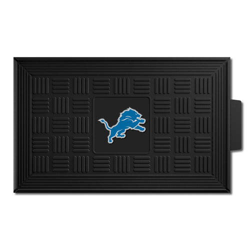 NFL Detroit Lions medallion door mat with Lions logo and team colors, made by Logo Brands, designed for indoor or outdoor use.