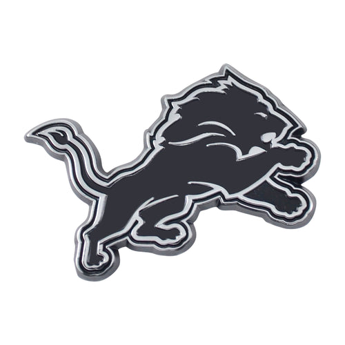Detroit Lions chrome emblem by Logo Brands, featuring the team logo and bold chrome finish for vehicle or fan display.