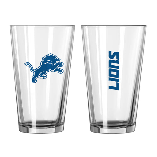 Detroit Lions 16oz Gameday pint glass with team logo and vibrant Lions graphics, perfect for football game day drinkware.