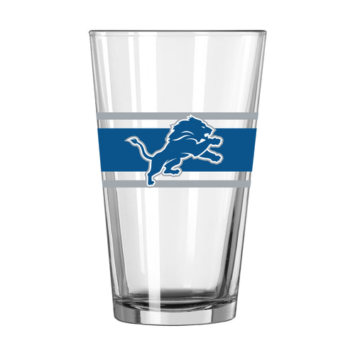 Detroit Lions 16oz stripe pint glass with team logo and bold red and white stripe design, perfect for football fans.