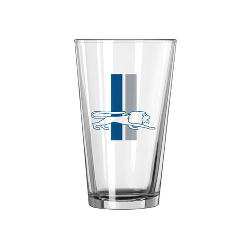 Detroit Lions retro pint glass featuring vintage logo, 16oz drinkware from Logo Brands celebrating 1961-1969 team history.