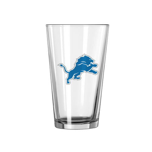 Detroit Lions 16oz logo pint glass featuring team logo, clear drinkware perfect for fans and game day celebrations.