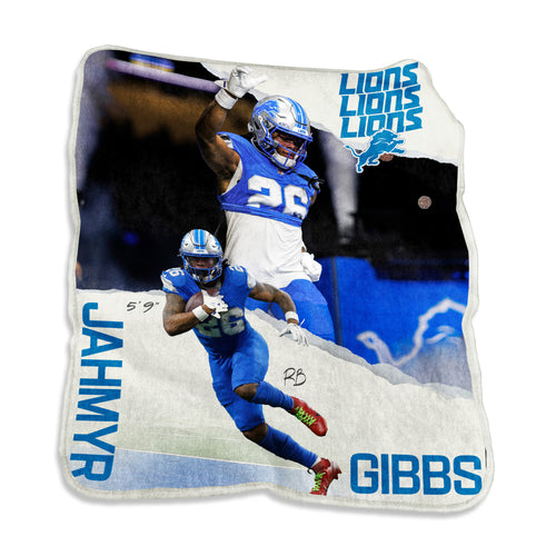 Detroit Lions Raschel Jahmyr Gibbs throw blanket by Logo Brands featuring Lions player design and team logo.