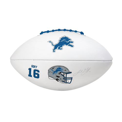 Full-size Detroit Lions Jared Goff autograph football by Logo Brands, featuring Goff's signature and team logo.