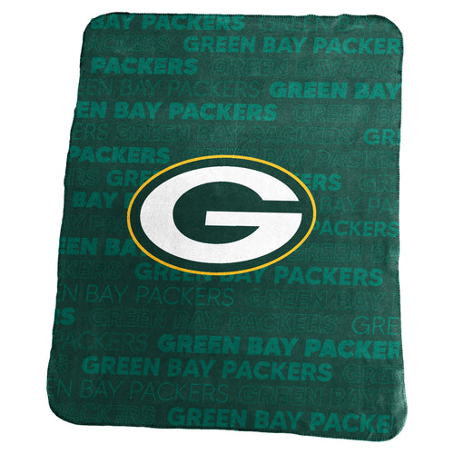 Green Bay Packers Classic Fleece blanket with team logo, soft fabric, green and gold colors, perfect for fans and cozy comfort.