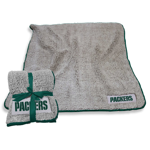 Green Bay Packers Frosty Fleece blanket with green and gold team logo, cozy and soft for fans' comfort.