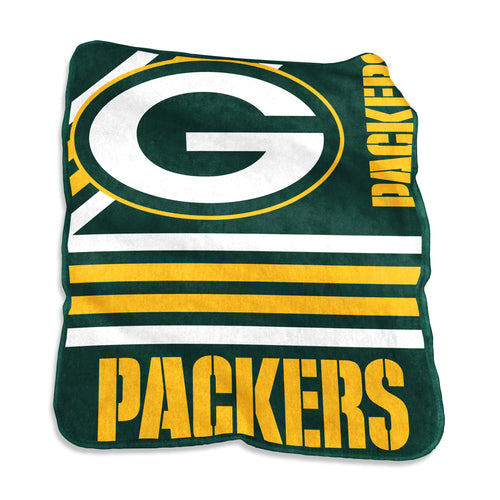 Green Bay Packers Raschel throw blanket with team logo, soft textured fabric, perfect for fans to stay warm and show team spirit.