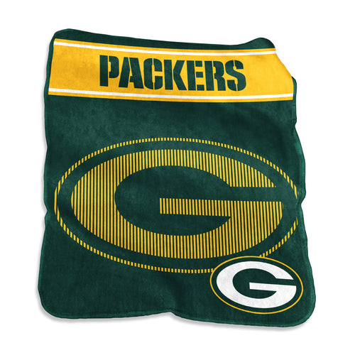 Green Bay Packers 60x80 Raschel throw blanket by Logo Brands, featuring team logo and green and gold colors, soft and cozy.