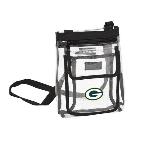 Green Bay Packers clear cross body tote bag with green and yellow logo branding, transparent design, and adjustable strap.
