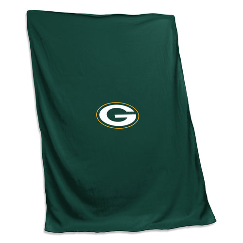 Green Bay Packers sweatshirt blanket with green and white fabric featuring Packers logo and team colors, cozy and soft.