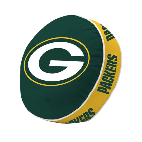 Green Bay Packers puff pillow featuring team logo, soft cushion with green and gold colors, perfect for Packers fans.
