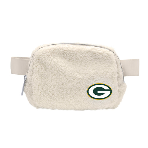 Green Bay Packers Sherpa belt bag featuring team logo, soft plush material, and adjustable strap for comfortable wear.